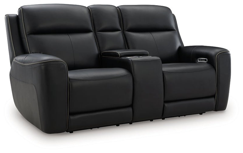 Ashley Furniture 5Z-Comfort Power Reclining Loveseat with Console, shown from an angled view with closed recliners and plush upholstery.