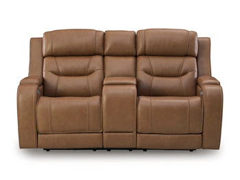 Ashley Furniture Knightington power reclining loveseat with built-in audio seating, shown from a head-on view in a modern living room setting.