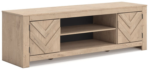 Ashley Furniture Cayboni 71-inch TV stand entertainment center with open shelves and storage compartments, angled view.