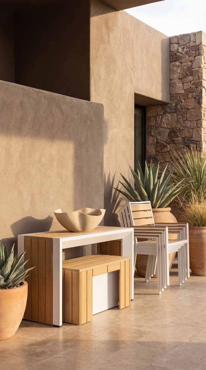 Transformer Table outdoor dining set with expandable table and matching chairs on a patio