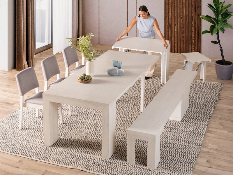 Transformer Table dining set with expandable dining table and matching benches in a modern wood finish