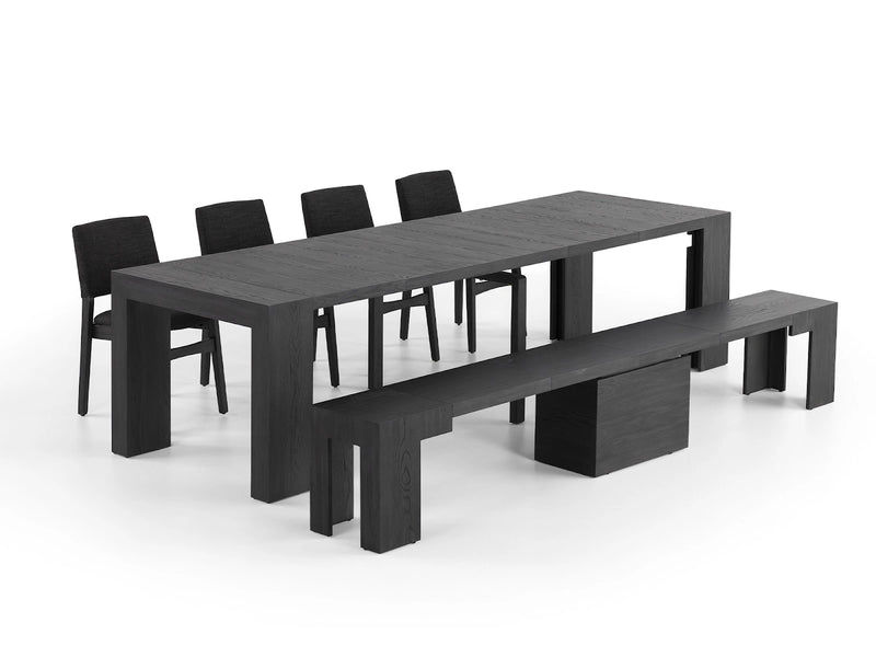 Transformer Table dining set with extendable dining table and matching chairs in a modern wood finish