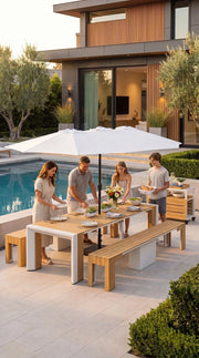 Transformer Table outdoor dining set with extendable table and matching benches in a modern patio setting