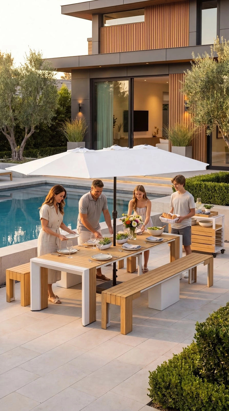 Transformer Table outdoor dining set with extendable table and matching benches in a modern patio setting