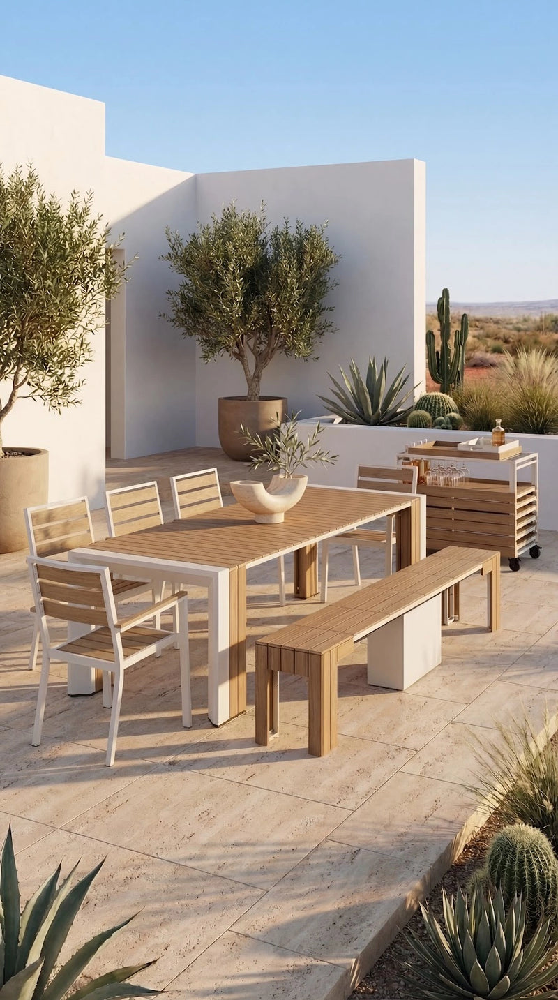Transformer Table outdoor dining set with expandable table and matching chairs in an outdoor setting