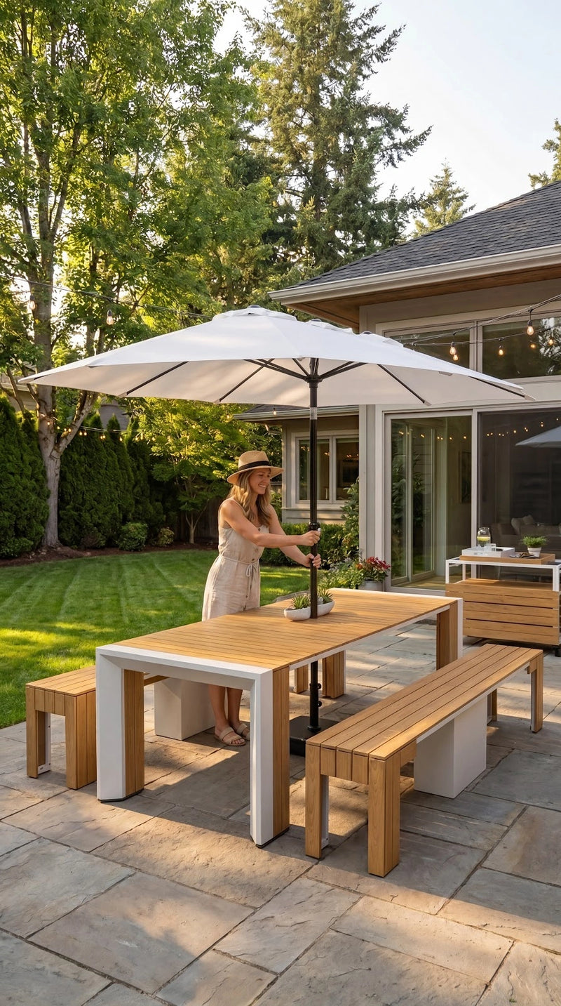 Transformer Table outdoor dining set with expandable table and matching chairs in an outdoor setting
