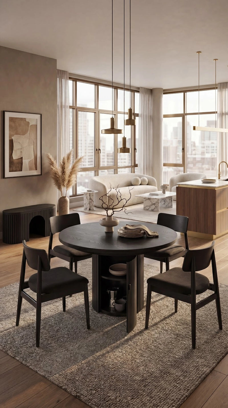 Transformer Table round dining set with a round wood dining table and matching seating set