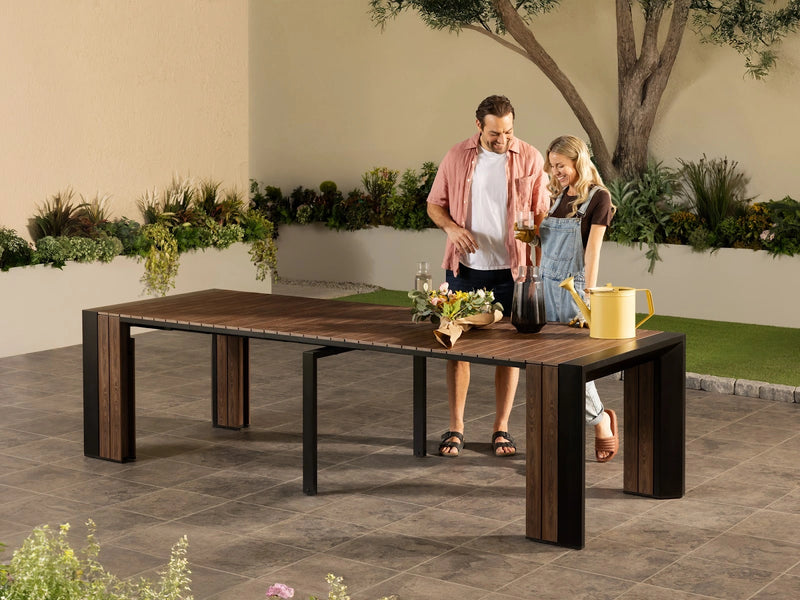 Transformer Table outdoor dining table in a modern design, shown with adjustable seating capacity