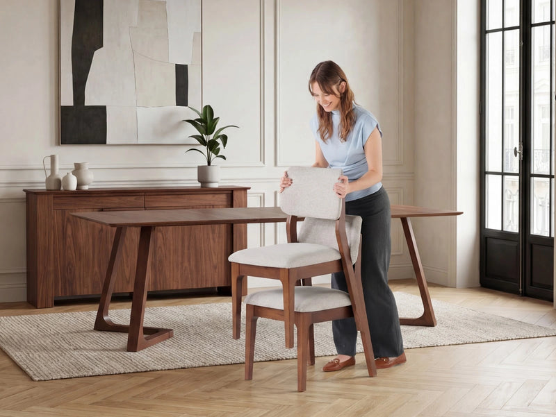 Transformer Table Nova dining chair in a modern design, shown from the front and side