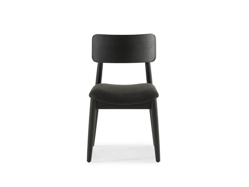 Transformer Table round dining chair in a neutral finish with a curved backrest and upholstered seat