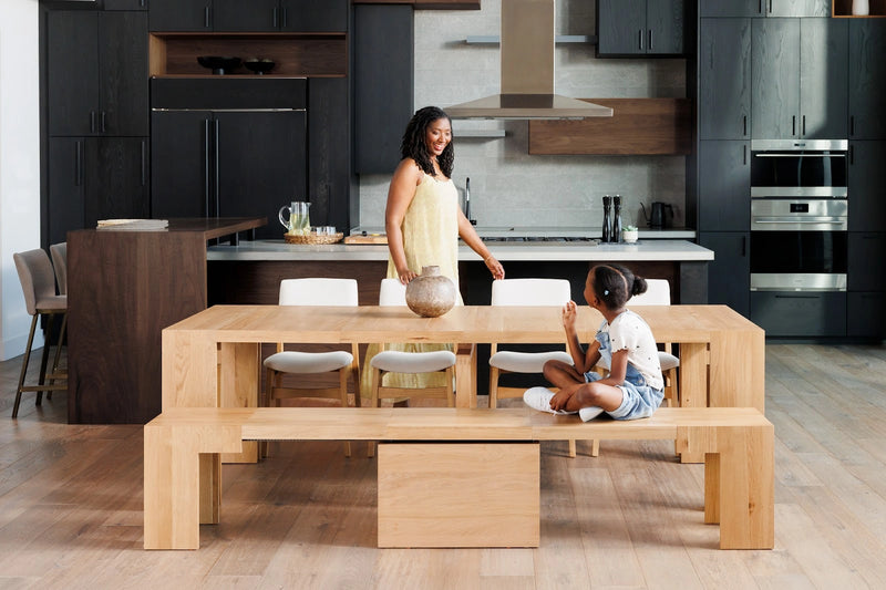 Transformer Table Transformer Dining Set with expandable dining table and matching benches in natural wood finish