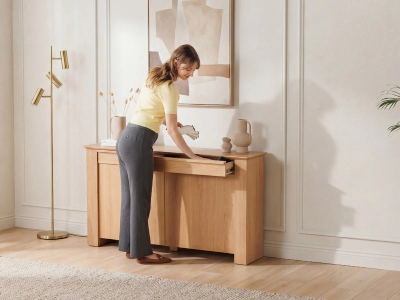 Transformer Table Nova sideboard buffet in a modern wood finish with multiple doors and storage compartments