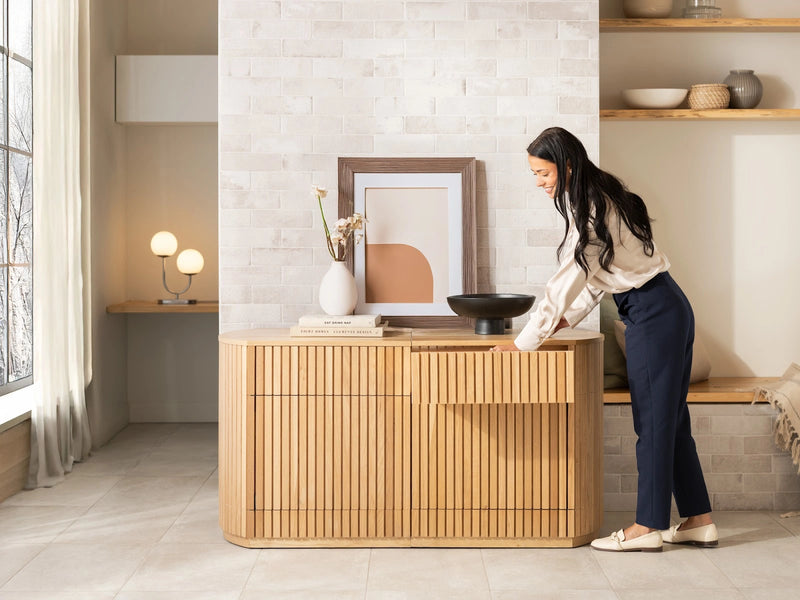 Transformer Table round sideboard buffet in a modern wood finish with curved doors and storage space