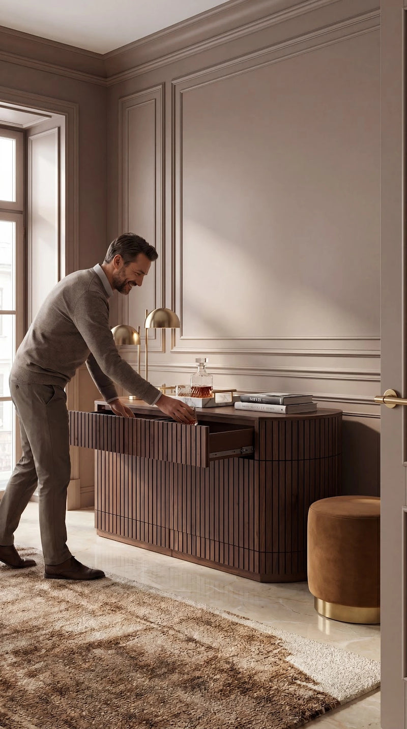 Transformer Table round sideboard buffet in a modern design with a smooth tabletop and spacious storage cabinets