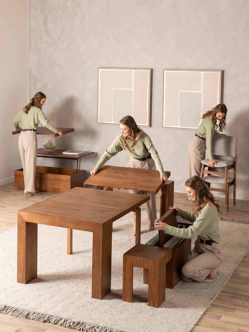 Transformer Table dining table in a modern extendable design, shown from the front with its wood finish