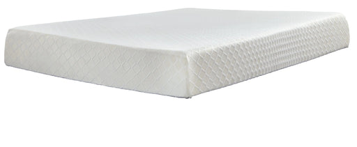 Ashley Furniture 10-inch chime memory foam mattress set with plush surface and supportive base, ideal for comfortable sleep.