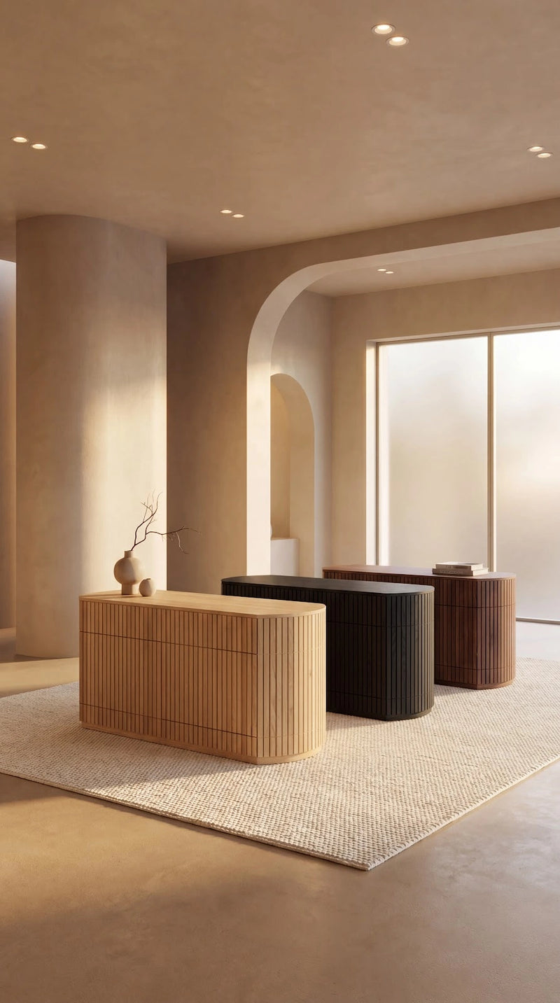 Transformer Table Round Sideboard buffet in a contemporary wood finish