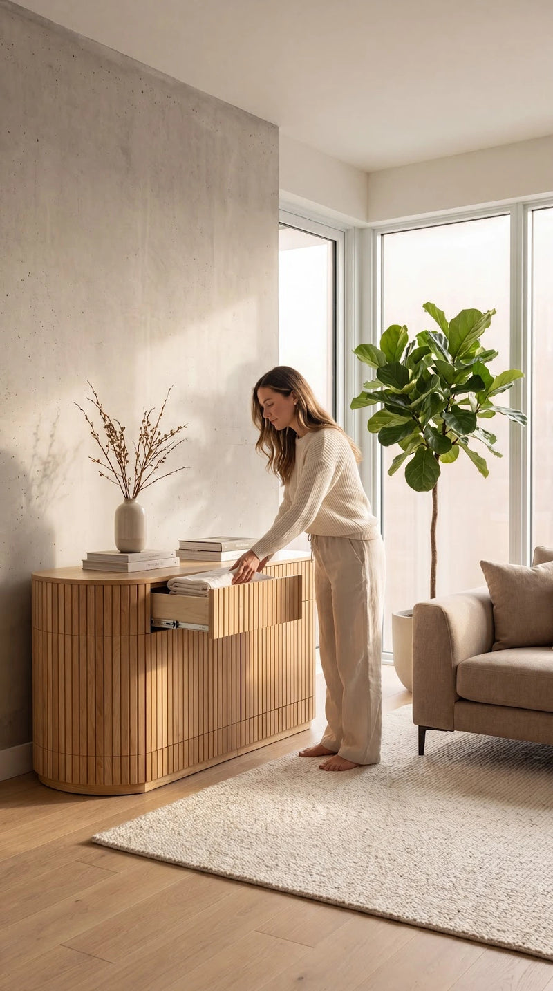 Transformer Table round sideboard buffet in a modern wood finish with spacious storage.
