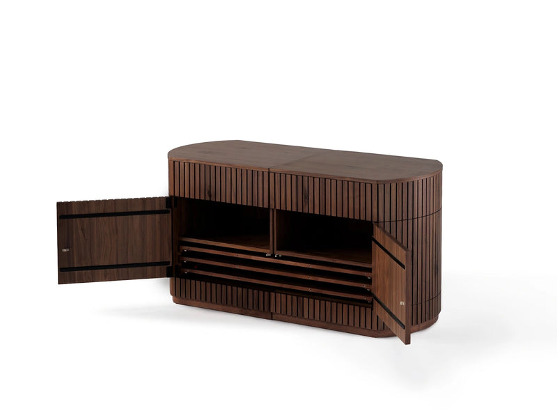 Transformer Table round sideboard buffet in a modern wood finish with a sleek, functional design