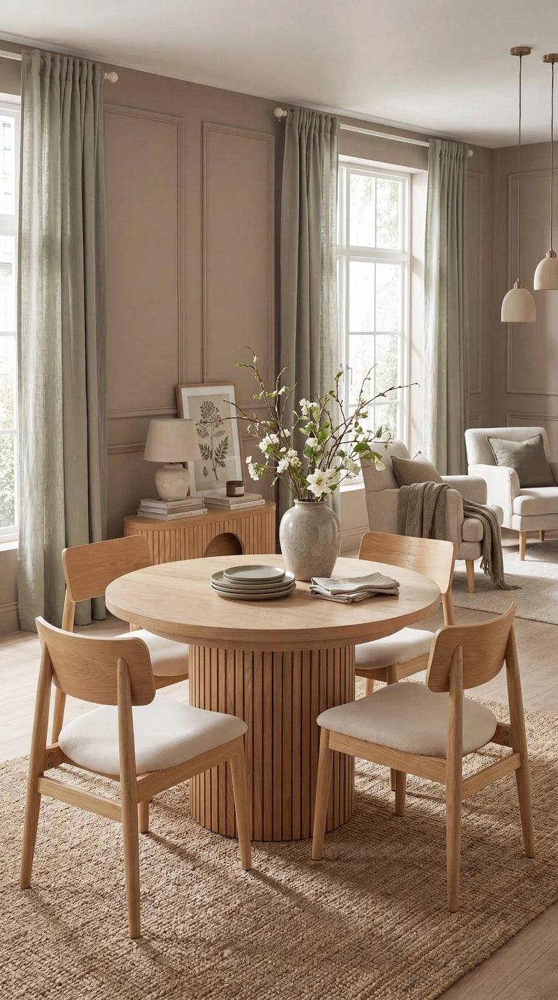 Transformer Table round dining set with a round table and matching chairs in a dining room