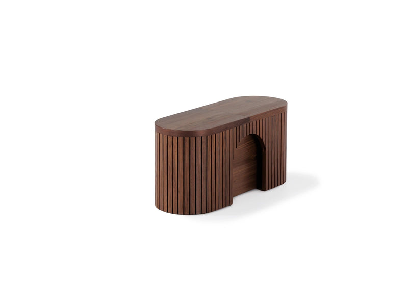 Transformer Table round bench in a modern design, shown from the side against a neutral background
