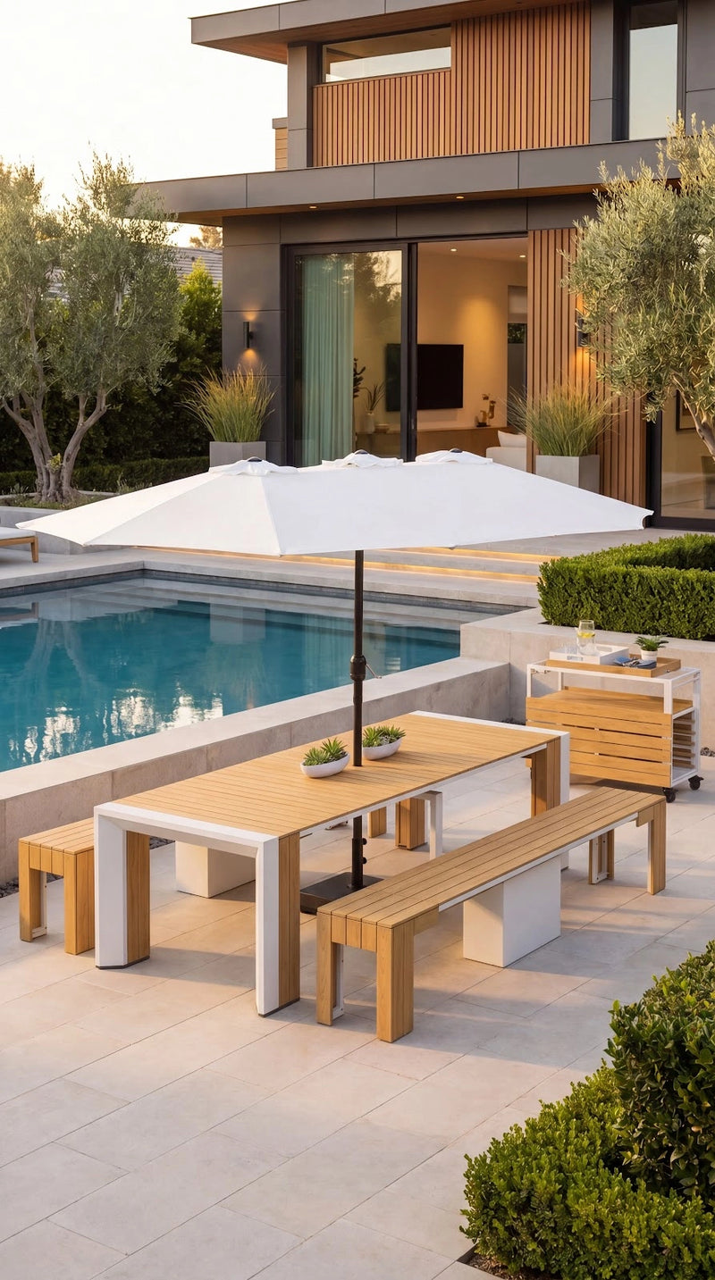 Transformer Table outdoor dining set with expandable table and matching benches in a patio setting