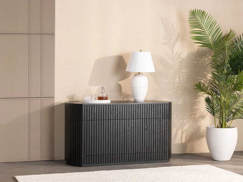 Transformer Table round sideboard buffet in a modern wood finish with a sleek, minimalist design