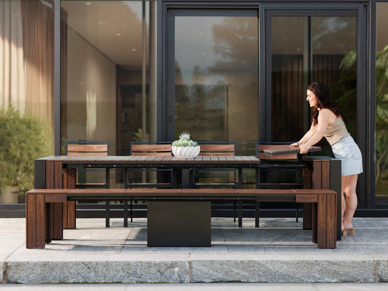 Transformer Table outdoor dining set with expandable table and coordinating benches for patio dining