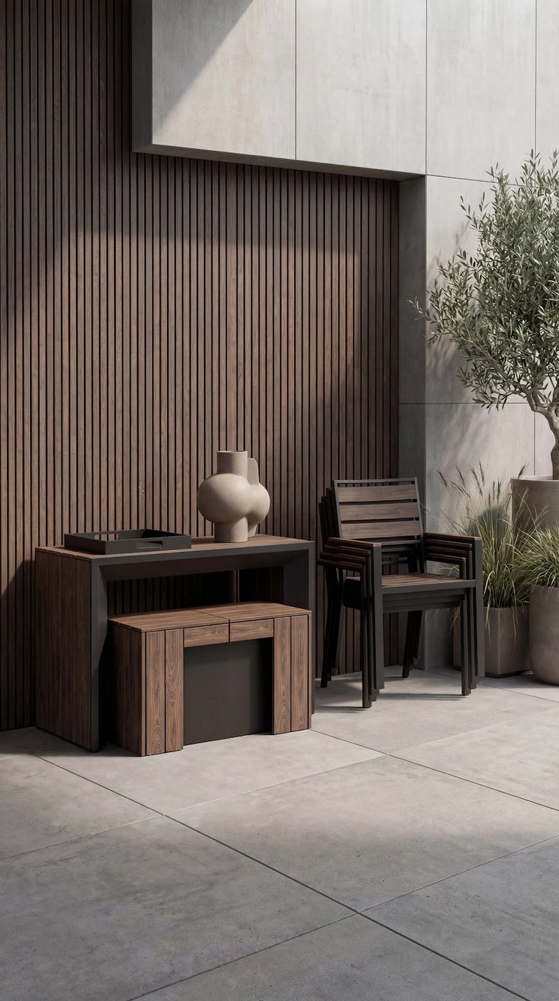 Transformer Table outdoor dining set with expandable dining table and matching benches for patio seating