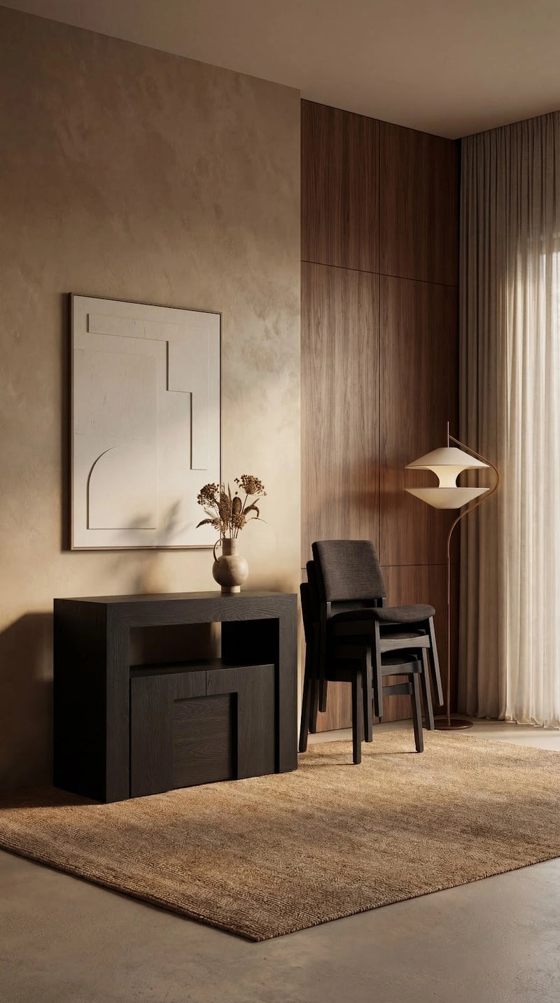 Transformer Table dining set with expandable table and matching dining chairs, shown in a modern room