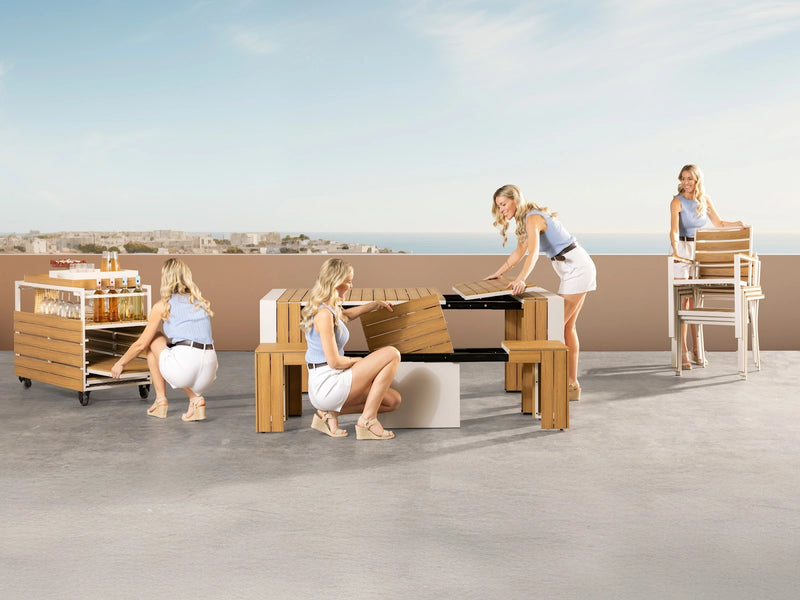 Transformer Table outdoor dining table, shown in an outdoor setting